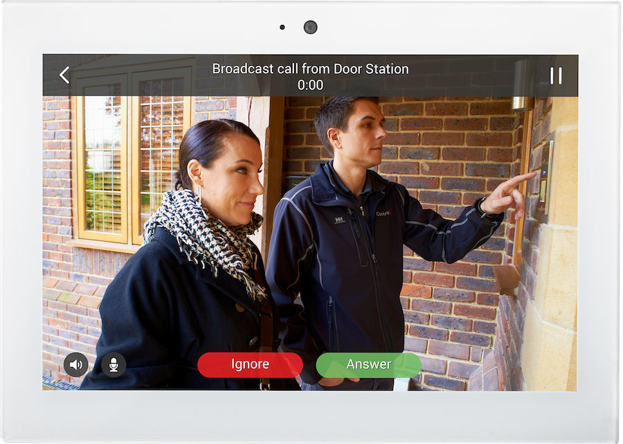 A camera videotaping two people at a front door with the Control4 system messaging.