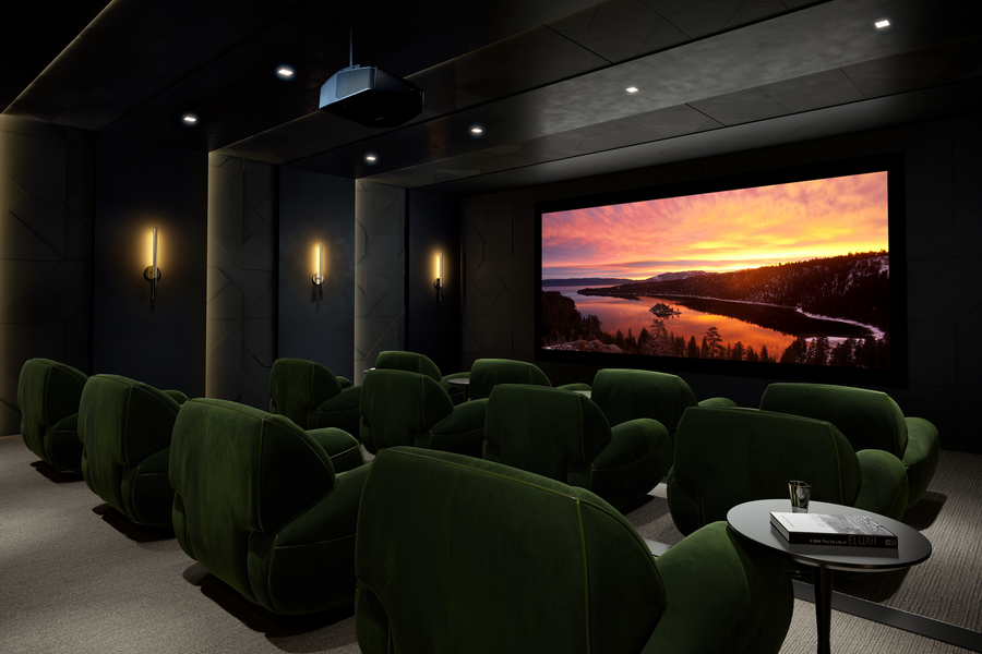 Custom home theater installation featuring projector and projection screen, green recliner seating and dimmable lighting