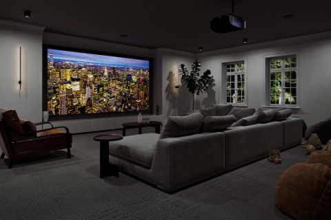 A modern home theater space equipped with a Sony projector.