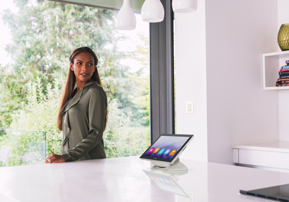 Child and cat on window with Crestron roller shades