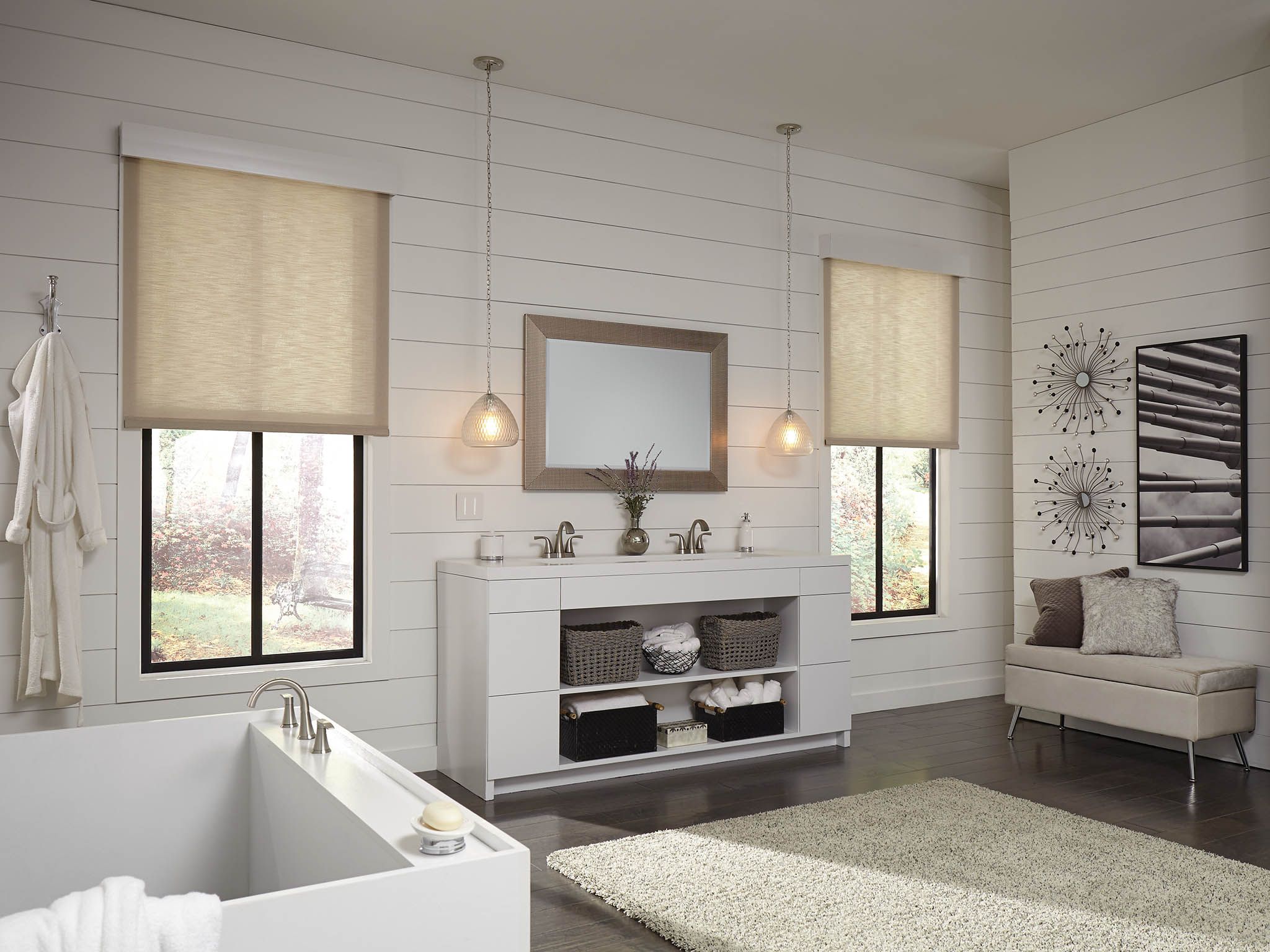 Lutron bathroom with tub and shading solutions